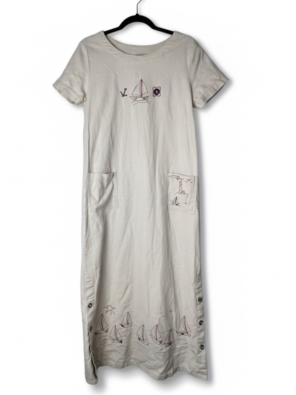 Linen Cotton Shirt Dress Beach Lagenlook SZ 8 Nautical Vacation Fisherman